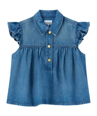 Ganni Denim Shirt Top Collared Neck Ruffle Sleeves In Blue