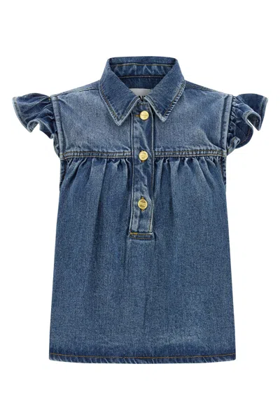 Ganni Denim Shirt Top Collared Neck Ruffle Sleeves In Blue