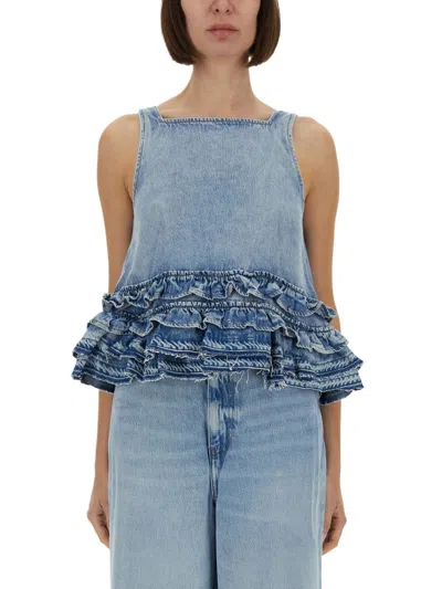 Ganni Denim Ruffle Top In Blue