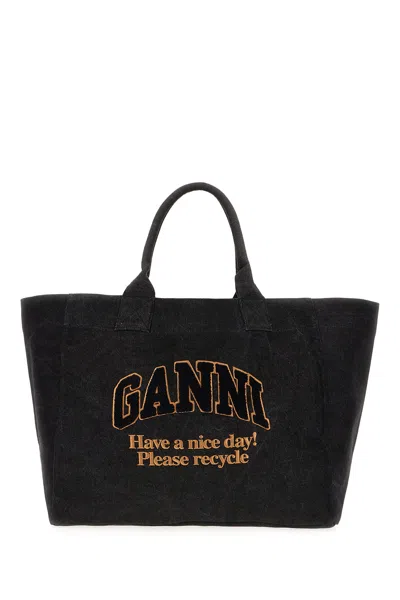 Ganni Denim Shopping Bag In Black