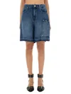 Ganni Blue Shorts With Belt Loops And One Front Patch Pocket In Denim Woman In Blue