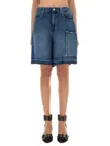 Ganni Blue Shorts With Belt Loops And One Front Patch Pocket In Denim Woman In Blue