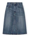 Ganni Blue Heavy Washed Denim Midi Skirt In Blue