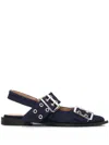 Ganni Buckled Eyelet-embellished Recycled Denim Ballet Flats