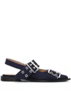 Ganni Buckled Eyelet-embellished Recycled Denim Ballet Flats