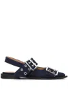 Ganni Buckled Eyelet-embellished Recycled Denim Ballet Flats