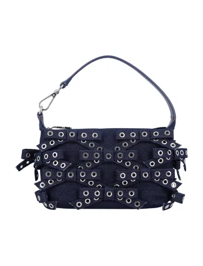 Ganni Denim Small Bow Eyelet Butterfly Pouch Bag In Dark Navy