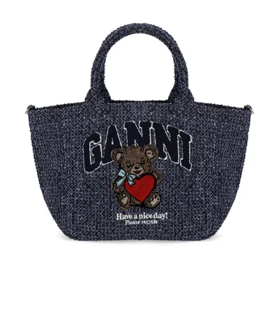 Ganni Denim Small Shopping Bag In Blue