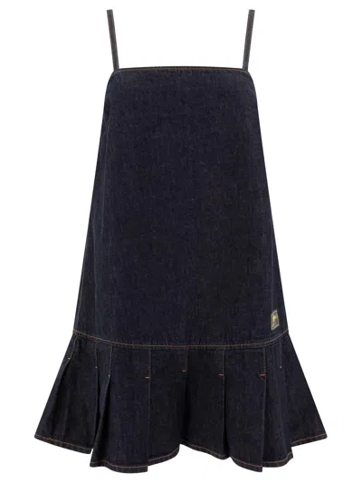 Ganni Dark Blue Denim Mini Dress In Black
