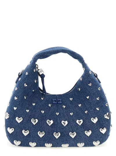 Ganni Women Hobo Mini Heart Stud Denim Handbag In Red