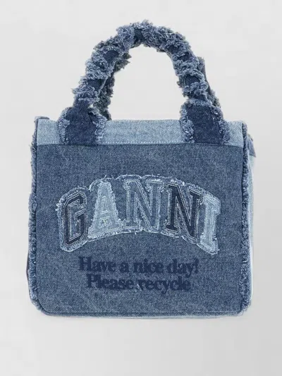 Ganni Denim Tote Bag Rectangular Shape Frayed Edges In Blue