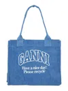 Ganni Denim Tote Bag With Logo In Navy