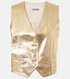 Ganni Gold Vest With Branded Buttons In Laminated Denim Woman In Gold