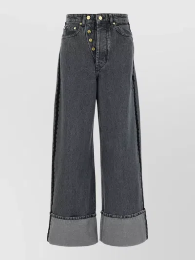 Ganni Denim Wide Leg Trousers Folded Cuffs In Brown