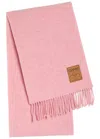 Ganni Designer-appliqué Fringed Wool Scarf In Pink