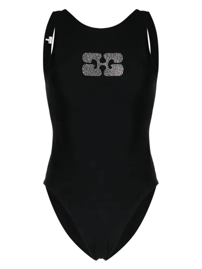 Ganni Diamanté Embellished Swimsuit In Schwarz
