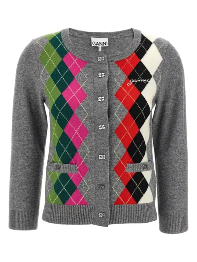 Ganni Women Grey Argyle-pattern Cardigan, L Luxury Sweaters & Knitwear For Women Darveys In Gray