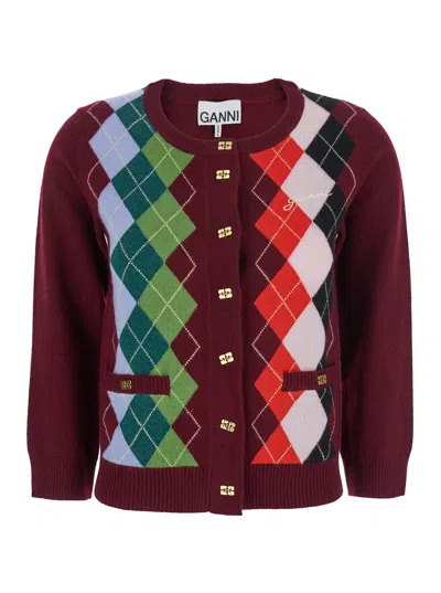 Ganni Diamond Pattern Cardigan With Jewel Button In Burgundy
