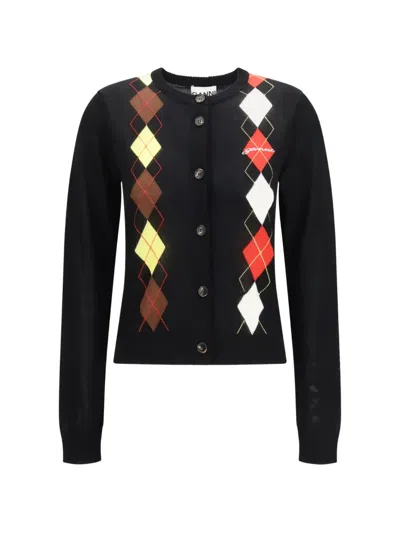 Ganni Cotton Cardigan Argyle Pattern Ribbed Cuffs Hem In Black