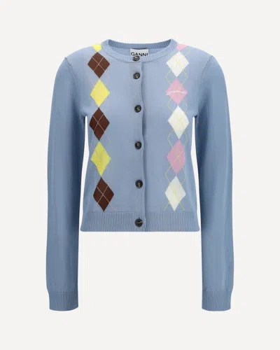 Ganni Diamond-pattern Cardigan In Blue