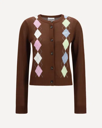 Ganni Diamond-pattern Cardigan In Brown