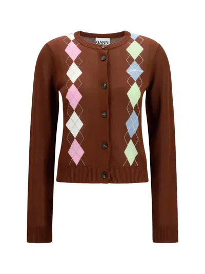 Ganni Diamond-patterned Cotton Cardigan In Brown