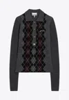 Ganni Grey Sweater With Classic Collar And Check Motif On The Front In Wool Woman In Gray