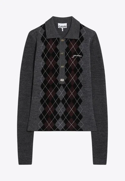 GANNI DIAMONDS-PATTERN LONG-SLEEVED POLO SWEATER