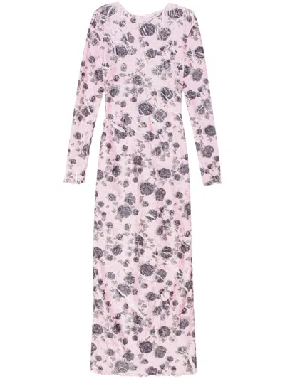 Ganni Distressed Floral-print Maxi Dress In Pink