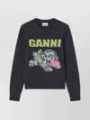 Ganni Playful Puppy Love Graphic Wool Blend Crewneck Sweater In Black