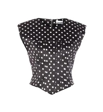 Ganni Womens Black Padded-shoulder Polka-dot Satin Corset Top