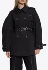 Ganni Double-breasted Belted Short Trench Coat In Black