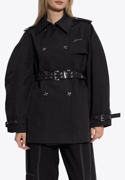 Ganni Double-breasted Belted Short Trench Coat In Black