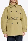 Ganni Double-breasted Belted Short Trench Coat In Green