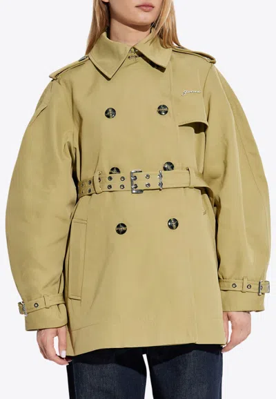 Ganni Double-breasted Belted Short Trench Coat In Green