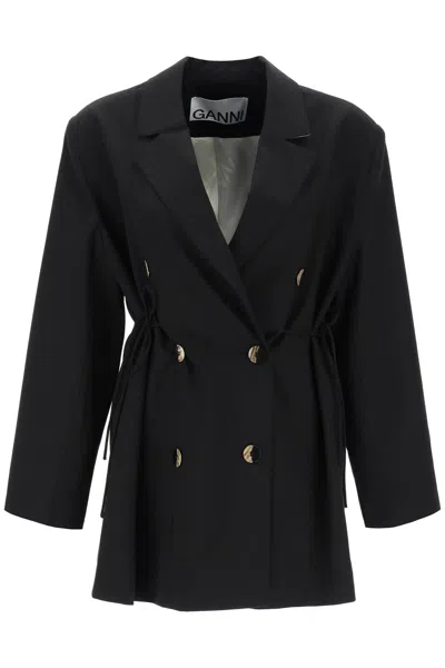 Ganni Oversized String-tie Double-breasted Blazer In Black