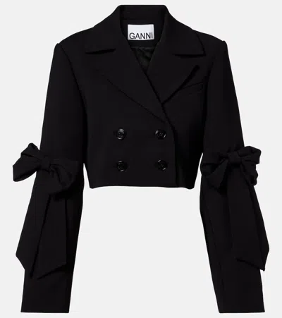Ganni Double-breasted Cropped Blazer In Black