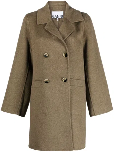 Ganni Long Sleeve Brown Wool Midi Jacket In Petrified Oak