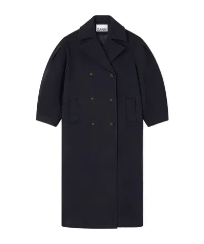 Ganni Double-breasted Long Coat In Blue