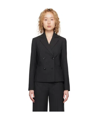 Ganni Double-breasted Mélange Blazer In Black