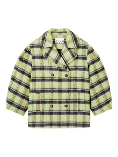 Ganni Brushed Wool Check Midi Coat In Multi