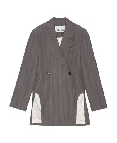 Ganni Double-breasted Tailored Blazer In Gray