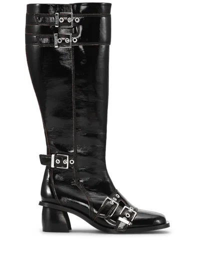 Ganni Double-buckle Knee-high Boots In Black