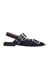 Ganni Buckled Eyelet-embellished Recycled Denim Ballet Flats In Black