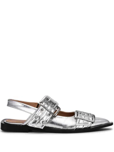 Ganni Womens Buckle-embellished Slingback Leather Ballet Flats Silv In Silver