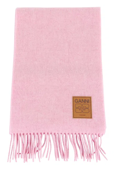 Ganni Logo-patch Fringed Scarf In Pink