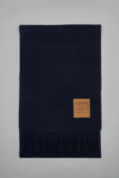 Ganni Double Face Wool Solid Scarf In Blue