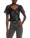 Ganni Double Satin Fitted Open-neck Blouse In Black