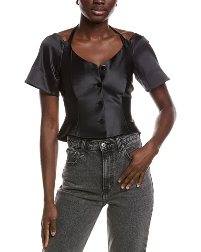 Ganni Double Satin Fitted Open-neck Blouse In Black