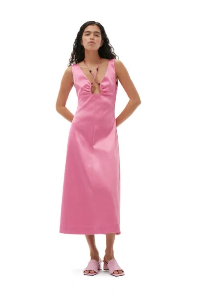 Ganni Double Satin Beaded Stretch Recycled-polyester Midi Dress In Pink